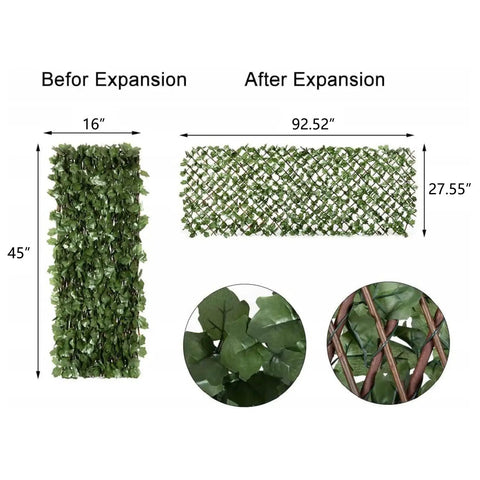 Expandable Privacy Screen Fence For Balcony And Backyard Outdoor Faux Ivy Panel 16 By 45 Inches Closed Expands To 92 Inches Wide With FSC Certified Willow Frame And Decorative Ivy Leaves And Flowers Low Maintenance Easy To Clean showing compact and expanded sizes with ivy details