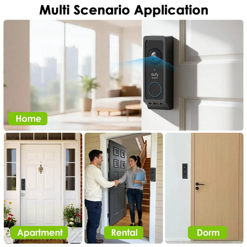 Rock Solid No Drill Adhesive Doorbell Mount For Eufy E340 installed at various home entryways including apartment and rental.