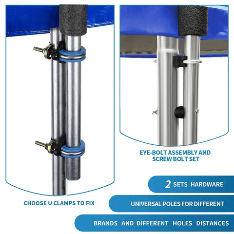 Image of Heavy Duty Universal Trampoline Enclosure Poles Kit For Six Straight Tubes Fits 10 To 16 Foot Nets showing hardware details.