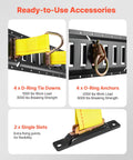E Track Tie Down Kit With Four Rails And Twenty One Accessories including ratchet straps, O rings, D ring end caps, and tie-offs for 1500 lb