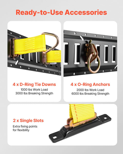 E Track Tie Down Kit With Four Rails And Twenty One Accessories including ratchet straps, O rings, D ring end caps, and tie-offs for 1500 lb
