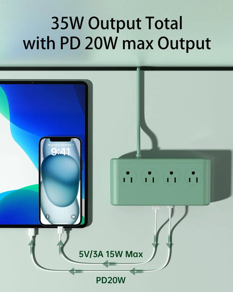 All In One Power Strip With 6 USB Ports And 4 AC Outlets, 5 Ft GaN Fast Charging Station, USB-C PD 3.0, Charges Up To 10 Devices, No Fuss Power Hub For Home Office Dorm And Travel, PD20W Ready, green 4-outlet desk charger with phone and tablet