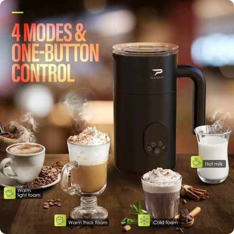 4 In 1 Electric Milk Frother And Steamer For Hot And Cold Foam 350ml Capacity with one-button control, surrounded by frothed drinks.