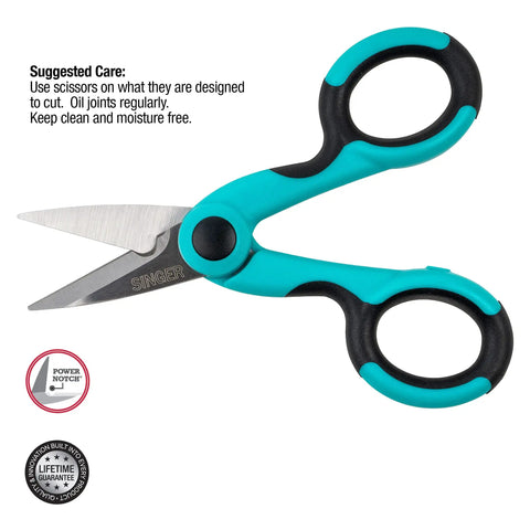 ProSeries Heavy Duty Detail Scissors Five Point Five Inch With Power Notch For Fabric And Craft Projects Teal Rubberized Comfort Grip Sleek Precision For Sewers Crafters And DIYers, angled