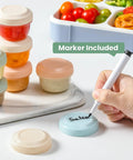 Eight Pack 2 Oz Salad Dressing Containers To Go With Lids For Lunch Boxes And Bento, colorful lids, marker writing 'Salsa'