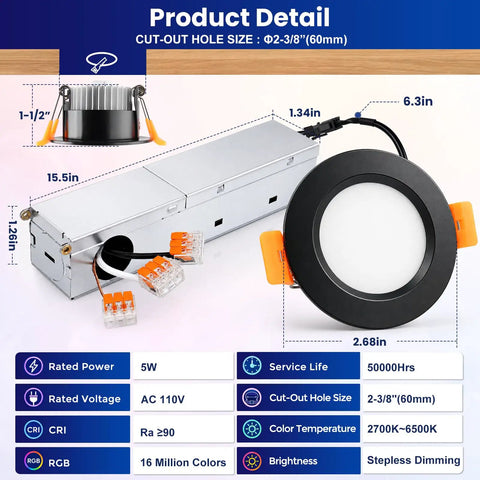 2 Inch Smart LED Recessed Lighting, 5W RGB Color Changing WiFi Downlight, back view with dimensions, black finish and wiring details.