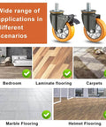 Beefy Top Plate Swivel Caster Wheels With Brake in use on various flooring types, including bedroom, laminate, carpet, and marble.