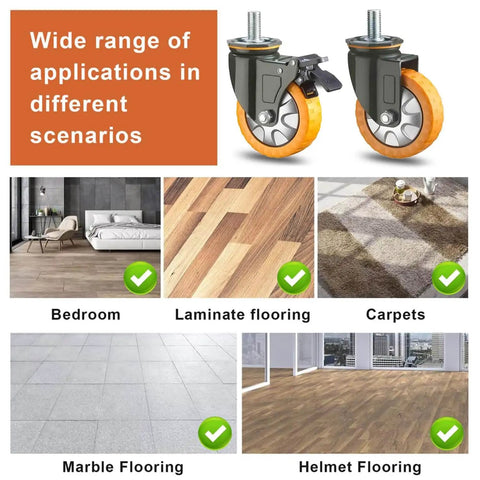 Beefy Top Plate Swivel Caster Wheels With Brake in use on various flooring types, including bedroom, laminate, carpet, and marble.