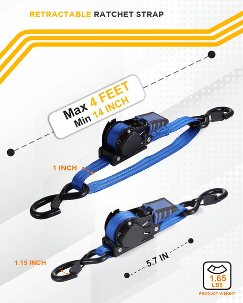 Blue Retractable Ratchet Straps, 1 Inch by 4 Foot, Heavy Duty Boat Transom Tie Downs Pack Of 2 With 2400 Lbs Breaking Strength