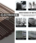 Electrodes for Beast 140 Amp Flux Core MIG Welder 3 In 1 MIG MMA Lift TIG shown with metal types: cast iron, mild steel.