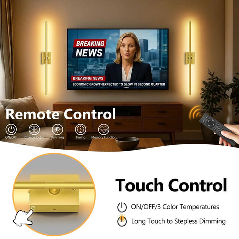 Top Shelf Gold Rechargeable Wall Sconces Pair Wireless Battery Powered LED Wall Light with remote control for modern living room.