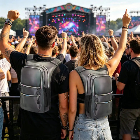 Couple wearing Glow In The Dark Hydration Pack With 3L Water Bladder at a festival, reflective design and insulated backpack.