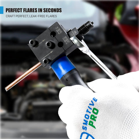 SMOTIVEPRO brake line flaring tool kit with 3/16 and 1/4 SAE dies, copper tube in clamp, side view