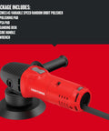 Variable Speed Random Orbit Polisher 6 Inch With 4.5 Amp Motor on red background with accessories list