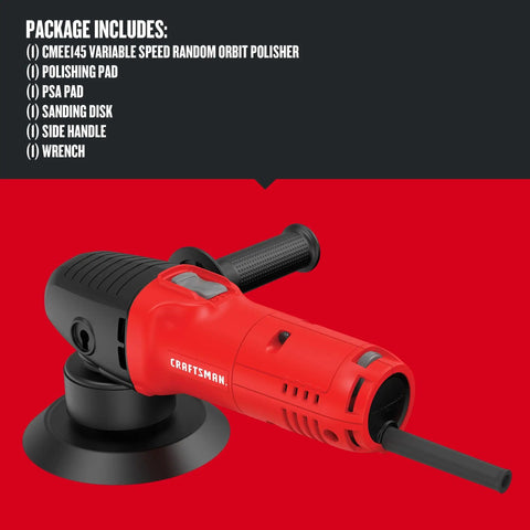Variable Speed Random Orbit Polisher 6 Inch With 4.5 Amp Motor on red background with accessories list