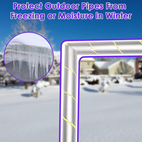 Two Pack 32.8 Ft Pipe Insulation Wrap For Outdoor Pipes, foam and foil tube shown with winter landscape background