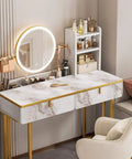 Gold White Marble Contact Paper Peel And Stick For Countertops And Furniture Matte Waterproof Self Adhesive Wallpaper Removable Durable 11.8 By 118 Inches Easy To Clean on a desk with beauty products and mirror