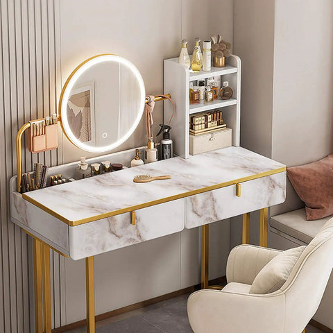 Gold White Marble Contact Paper Peel And Stick For Countertops And Furniture Matte Waterproof Self Adhesive Wallpaper Removable Durable 11.8 By 118 Inches Easy To Clean on a desk with beauty products and mirror