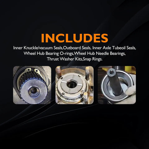 Components of Beefed Up Outer Axle Knuckle Tube Seal Kit with Inner Seal Snap Ring Needle Bearing and Thrust Washer for Ford