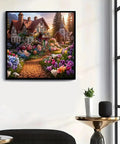5D Diamond Painting Kit For Adults And Beginners Easy DIY Flower House Art with a quaint cottage and vibrant flowers on a wall.