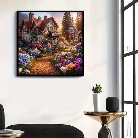 5D Diamond Painting Kit For Adults And Beginners Easy DIY Flower House Art with a quaint cottage and vibrant flowers on a wall.