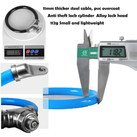 Two Pack 11mm Bike Lock Set With 7 Pin Zinc Alloy Ring Lock And Keys Lightweight 112g Cable Combo detailing size and components