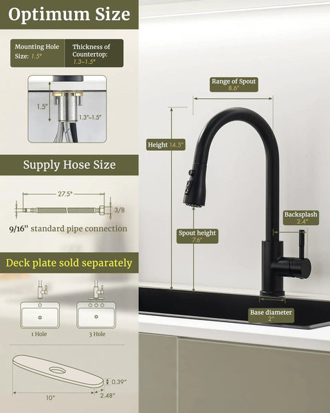 Diagram of Heavy Duty 304 Stainless Steel Kitchen Faucet With Pull Down Sprayer dimensions, including height 14.5in and spout range 8.6in.