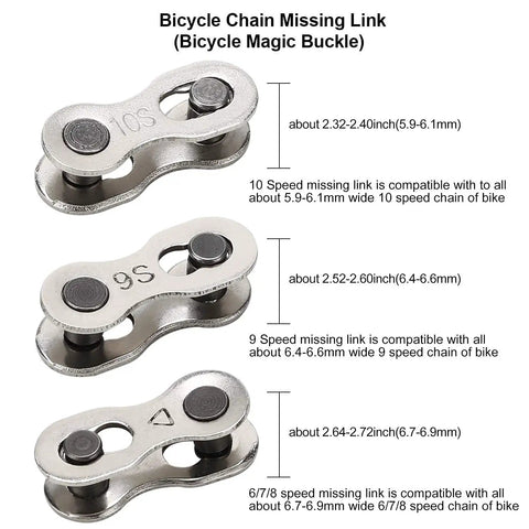 All In One Bike Chain Repair Kit With Master Link Pliers Chain Wear Gauge And Six Pairs Missing Links, three chain links shown