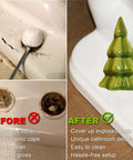 Set Of Two Green Christmas Tree Toilet Bolt Covers That Snaps Right On In Seconds And Brings Hella Cute Holiday Bathroom Decor To Any Home While Keeping Ugly Bolts Straight Outta Sight All Season Long showcased before and after installation.