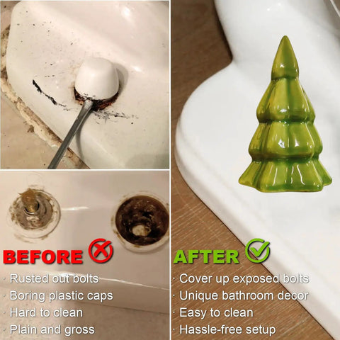 Set Of Two Green Christmas Tree Toilet Bolt Covers That Snaps Right On In Seconds And Brings Hella Cute Holiday Bathroom Decor To Any Home While Keeping Ugly Bolts Straight Outta Sight All Season Long showcased before and after installation.