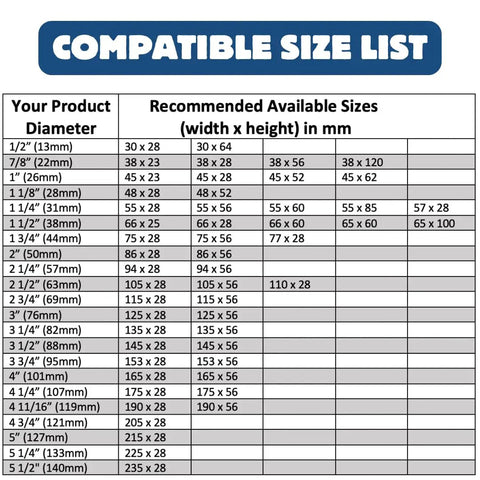 Compatible size chart for Pro Grade Clear Perforated Shrink Bands For Large Bulk Containers, showing various dimensions in mm.