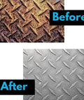 Before and after image of metal surface cleaning with 5 Pack 3 Inch Paint Stripping Discs For Drill Attachment Quarter Inch Shank