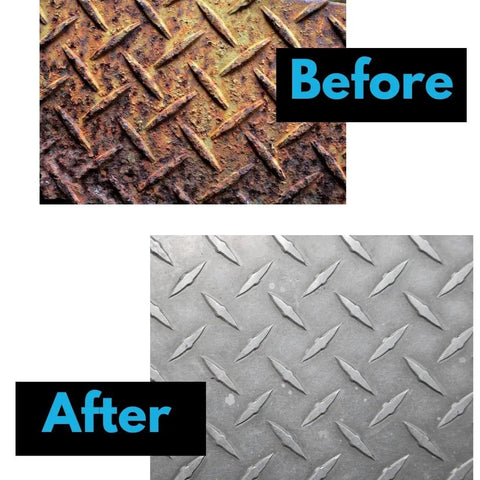 Before and after image of metal surface cleaning with 5 Pack 3 Inch Paint Stripping Discs For Drill Attachment Quarter Inch Shank