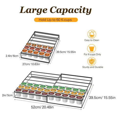 Expandable K Cup Holder Drawer For Keurig Pods, Holds 30 To 60 Coffee Pods, metal drawer dimensions and capacity illustration