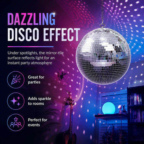Disco Ball 12 Inch Hanging Mirror Ball For Party Decor And Home Vibe with dazzling light reflections in dark room