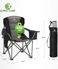 Heavy Duty Camping Chair with 450 lbs Capacity, black padded portable seat with included carry bag and dimensions