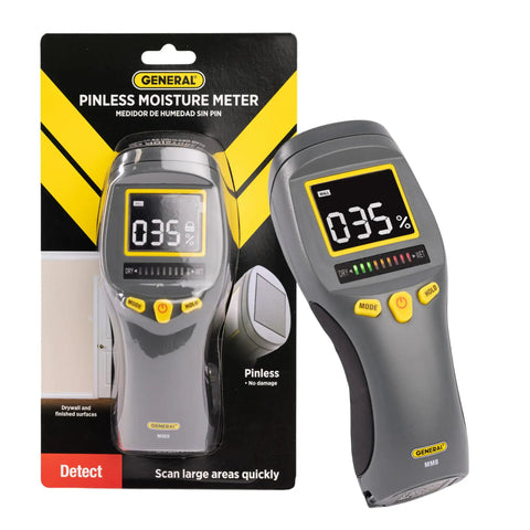 Packaging and close-up of Pinless Moisture Meter With LCD Display For Wood And Construction Materials Non-Invasive Humidity Detector