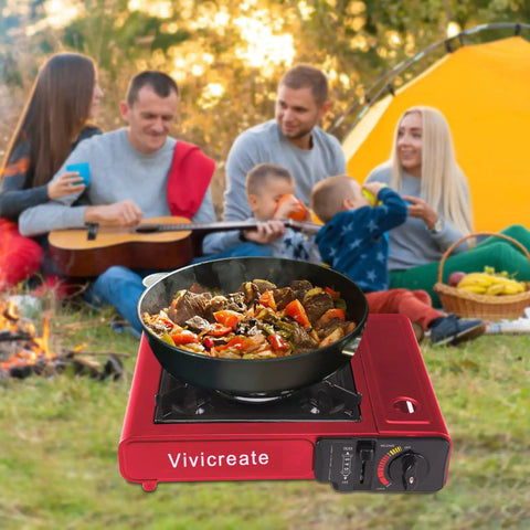 8500 BTU Portable Butane Stove With Auto Ignition for camping, cooking meal outdoors with family near a tent