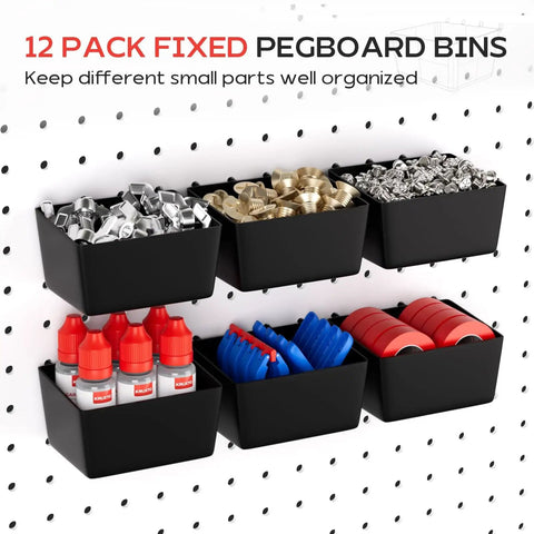 300 Piece Pegboard Hooks Kit With Bins For 1/8 And 1/4 Inch Pegboards All In One Tool Organizer with fixed bins holding supplies