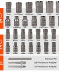 Bolt Extractor Kit For Damaged Fasteners, 32 Piece Nut And Bolt Remover Set with various sizes and adapters shown.