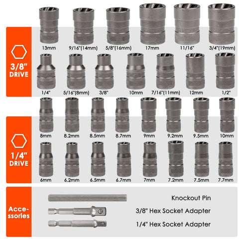Bolt Extractor Kit For Damaged Fasteners, 32 Piece Nut And Bolt Remover Set with various sizes and adapters shown.