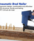 Heavy Duty Pneumatic Brad Nailer With Aluminum Body For Woodworking Furniture Cabinet Refinish And Ceiling Repair 22 Gauge 4 To 16 Millimeter Nails shown nailing into wood with brads.