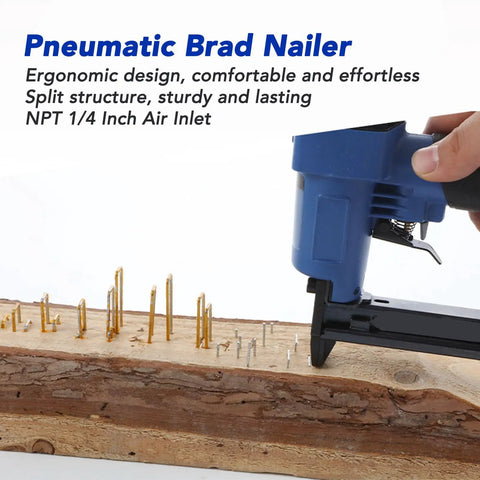 Heavy Duty Pneumatic Brad Nailer With Aluminum Body For Woodworking Furniture Cabinet Refinish And Ceiling Repair 22 Gauge 4 To 16 Millimeter Nails shown nailing into wood with brads.