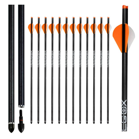 20 Inch Carbon Crossbow Bolts With Half Moon Nocks, pack of 12 arrows, high grade carbon fiber shaft, orange fletching, hunting and practice
