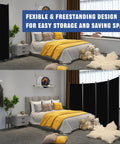 6 Ft Portable Room Divider 4 Panel Folding Privacy Screen shown in bedroom setup, illustrating easy storage and space-saving features.