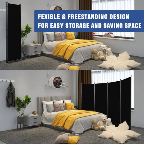 6 Ft Portable Room Divider 4 Panel Folding Privacy Screen shown in bedroom setup, illustrating easy storage and space-saving features.