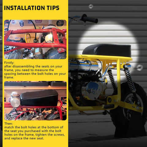 Installation guide showing steps to install upgraded mini bike seat for Predator engines on Trail 100U style rides with screws.