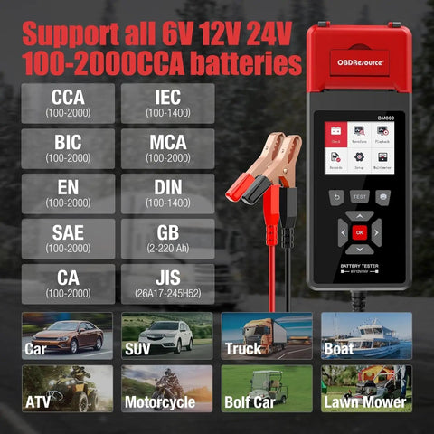Car Battery Tester With Printer For 6V 12V And 24V Systems, A Handy Load Tester For Everyday Drivers That Quickly Checks Cranking Current, Internal Resistance, Battery Health And Overall Life, With Real Printouts. Handheld unit with clamps.