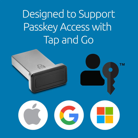 VeriMark Gen2 USB A Fingerprint Key Reader with logos and icons for multiple OS support and Windows Hello for Business