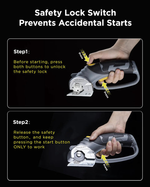 Inokraft Cordless Electric Scissors With Safety Button, demonstrating safety lock switch operation for secure use.